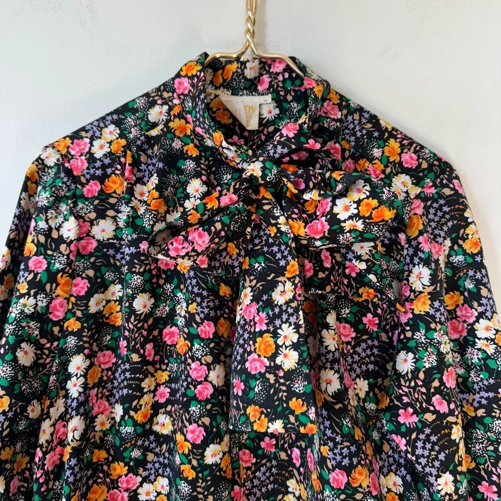 Vintage 70s Atkins Black Floral House coat Dress Muumuu Maxi Dress Pockets M - Picture 4 of 10